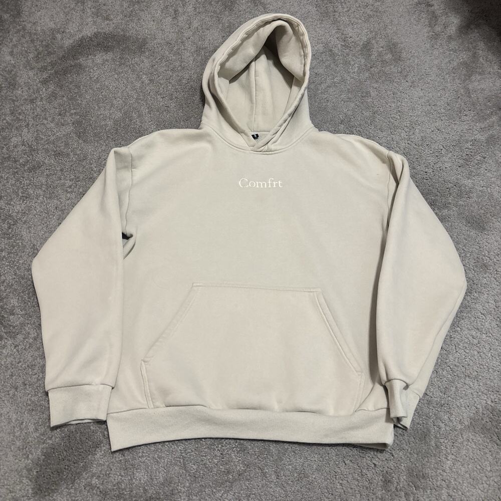 Comfrt Hoodie Mens Size Large Beige Cream Fleece Pullover Sweatshirt